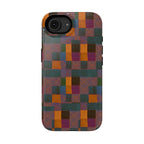Impact-Resistant Phone Case — Retro Checkerboard Pattern, Fractyl wireless charging iphone 18 pro case featuring a warm artisan patchwork pattern across the entire back.