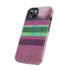 Fractyl glossy protective iphone 18 pro max case, Geometric Stripes Tough Phone Case — Purple & Teal Tribal Pattern, angled case profile with button access