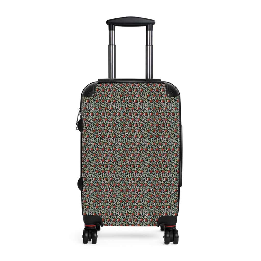 Houndstooth Carry-On Suitcase – Retro Red & Green Patterned Travel Luggage, hard shell carry on shown from the front with telescopic handle and spinner wheels