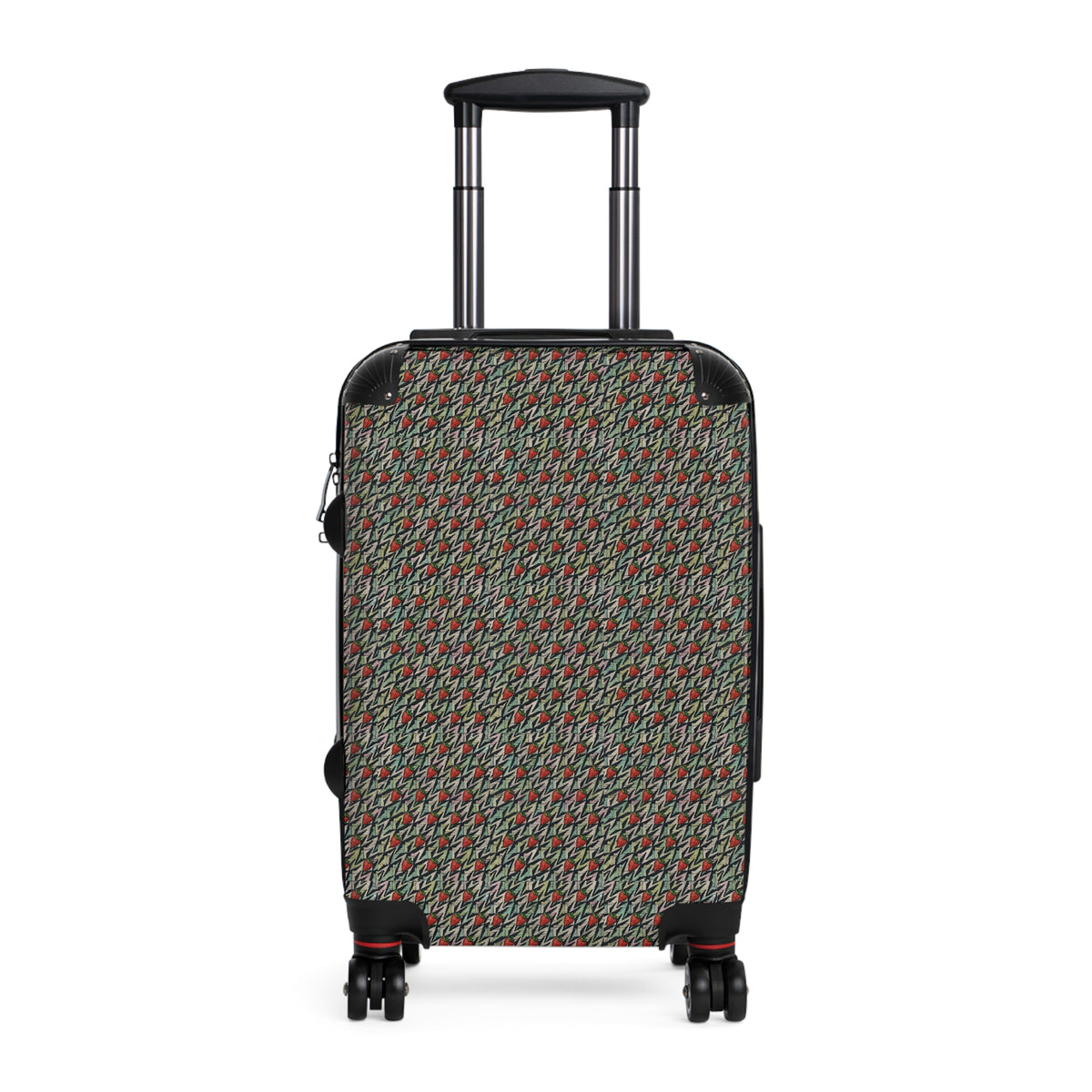 Houndstooth Carry-On Suitcase – Retro Red & Green Patterned Travel Luggage, hard shell carry on shown from the front with telescopic handle and spinner wheels