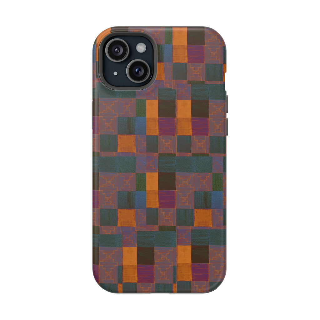 Impact-Resistant Phone Case — Retro Checkerboard Pattern, Fractyl wireless charging iphone 18 pro case featuring a premium colorful quilt-inspired grid.
