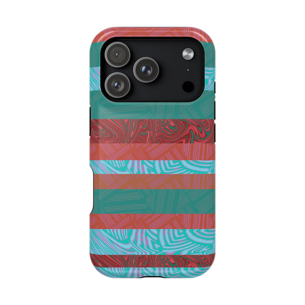 Striped Teal & Coral Magnetic Impact Phone Case full-wrap coral and teal pattern, Fractyl magsafe compatible iphone 18 pro max case