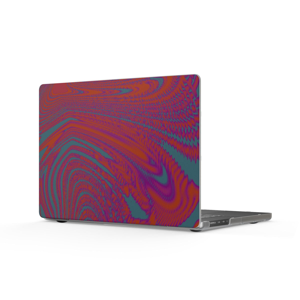 Creative Laptop Skin - Abstract Red Swirl Matte MacBook Case for Air & Pro Models, shown on a MacBook with vibrant psychedelic red and teal swirls; creative apple MacBook pro 16 laptop skin