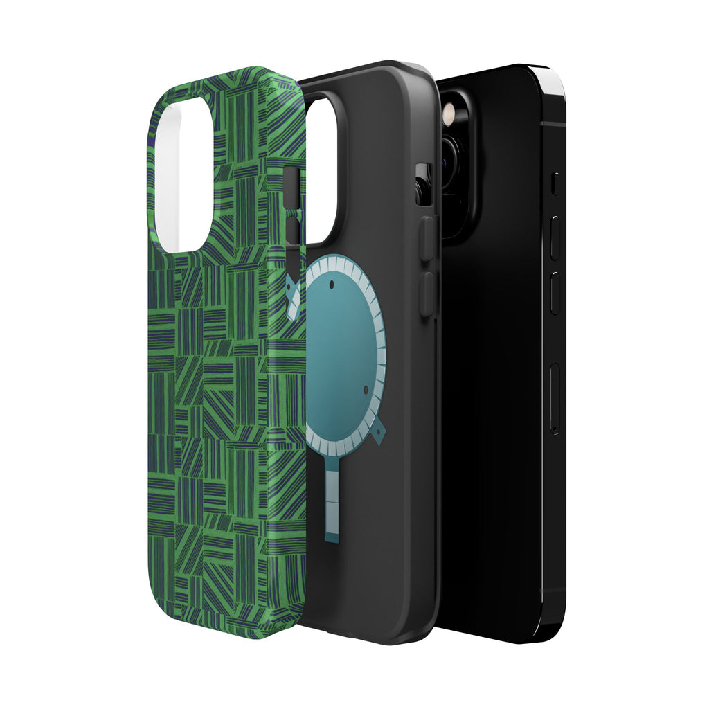 Green Magnetic Phone Case — 2-Layer Geometric MagSafe-Compatible Impact-Resistant Cover, green magnetic phone case- price match with CASETiFY and Casely, green phone case presented upright in a room.