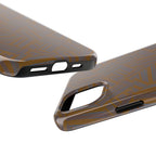 Tough Phone Case — Geometric Maze Brown Protective Cover, wireless charging iphone 18 pro max case shown with an open camera cutout and protective inner liner.