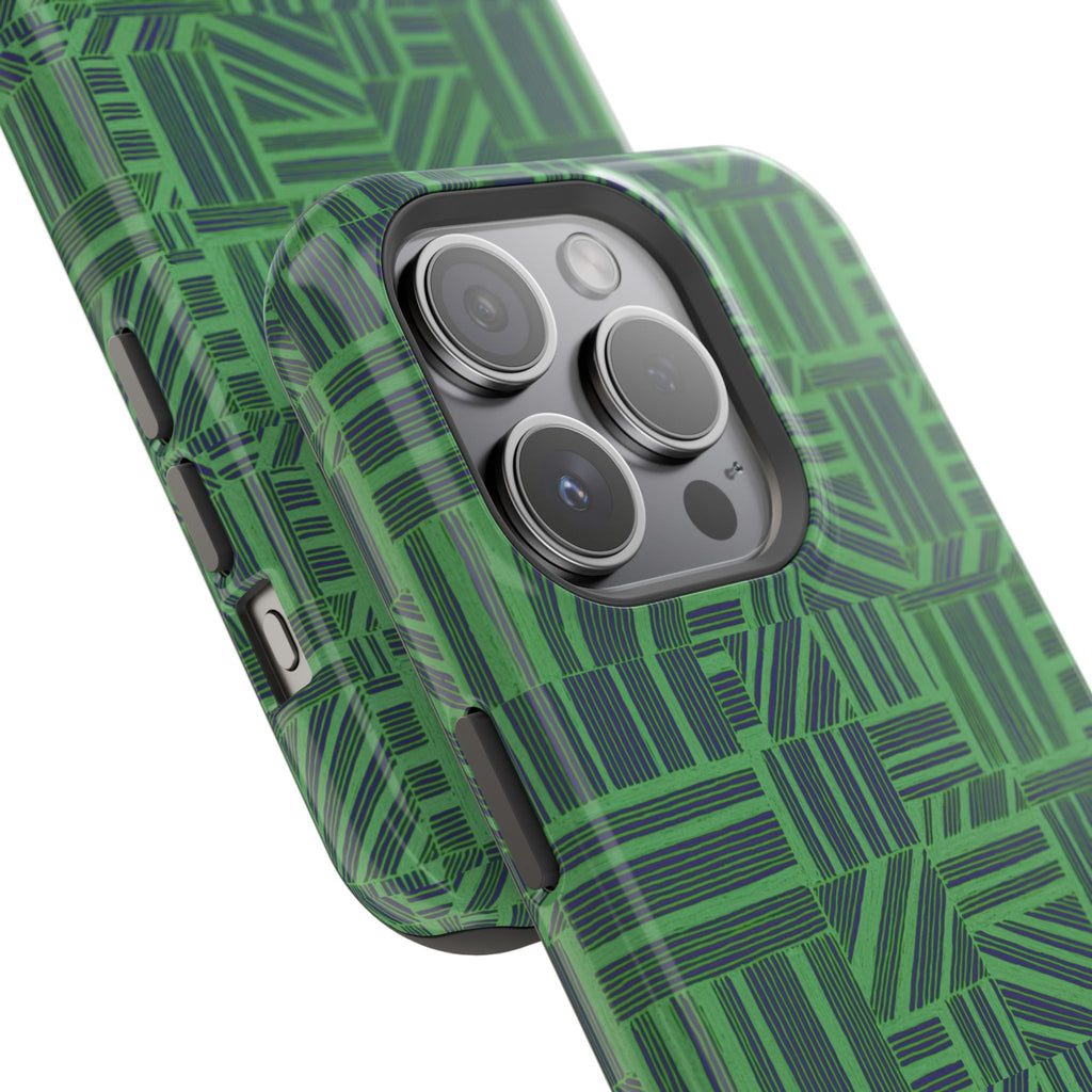 Green Magnetic Phone Case — 2-Layer Geometric MagSafe-Compatible Impact-Resistant Cover, green magnetic phone case- price match with CASETiFY and Casely, green patterned case shell shown with inner protective layer.