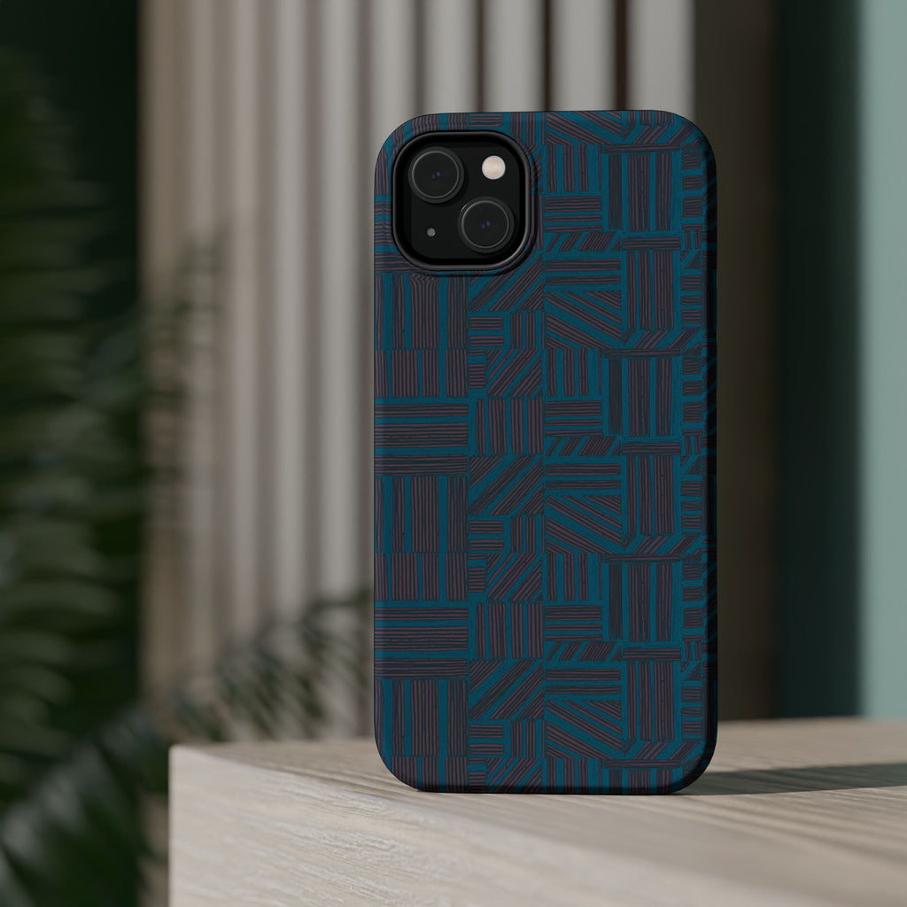 Impact Resistant Phone Case-20% OFF Entire Order, And Free Shipping, Teal Geometric MagSafe phone case shown on a large camera module; impact resistant iphone 17 case-20% OFF Entire Order, and Free Shipping.