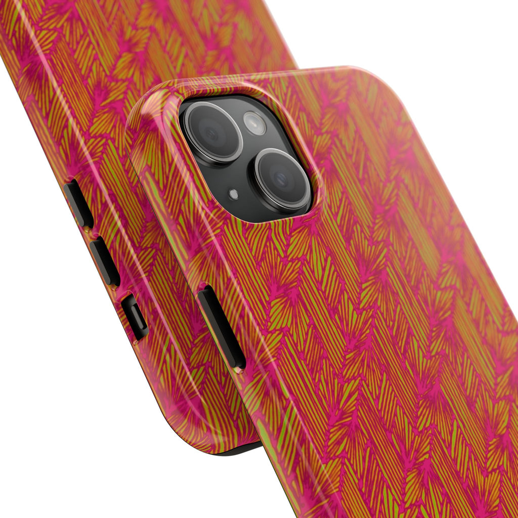 Tough Phone Case — Vibrant Tropical Herringbone Pattern, impact resistant iphone 17 case exploded view with protective two-piece construction