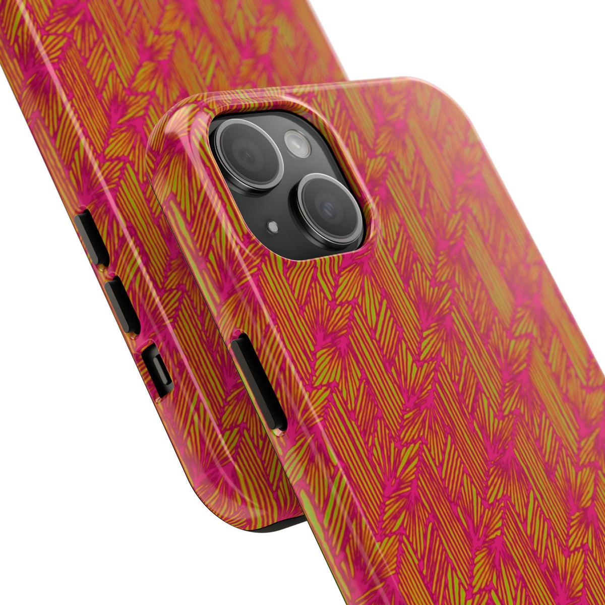 Tough Phone Case — Vibrant Tropical Herringbone Pattern, impact resistant iphone 17 case exploded view with protective two-piece construction