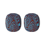 Top view of the AirPods Max Shell Case with striking teal and maroon swirl patterns, highlighting the innovative snap-on ear cup covers for a personalized touch.