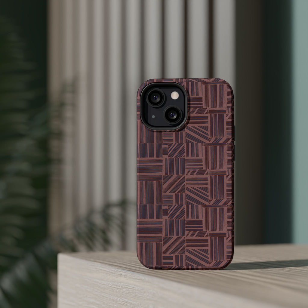 MagSafe Impact Resistant Phone Case - Geometric Brown Pattern, Dual-Layer Protection, layered phone case assembly; impact resistant iphone 17 pro max case