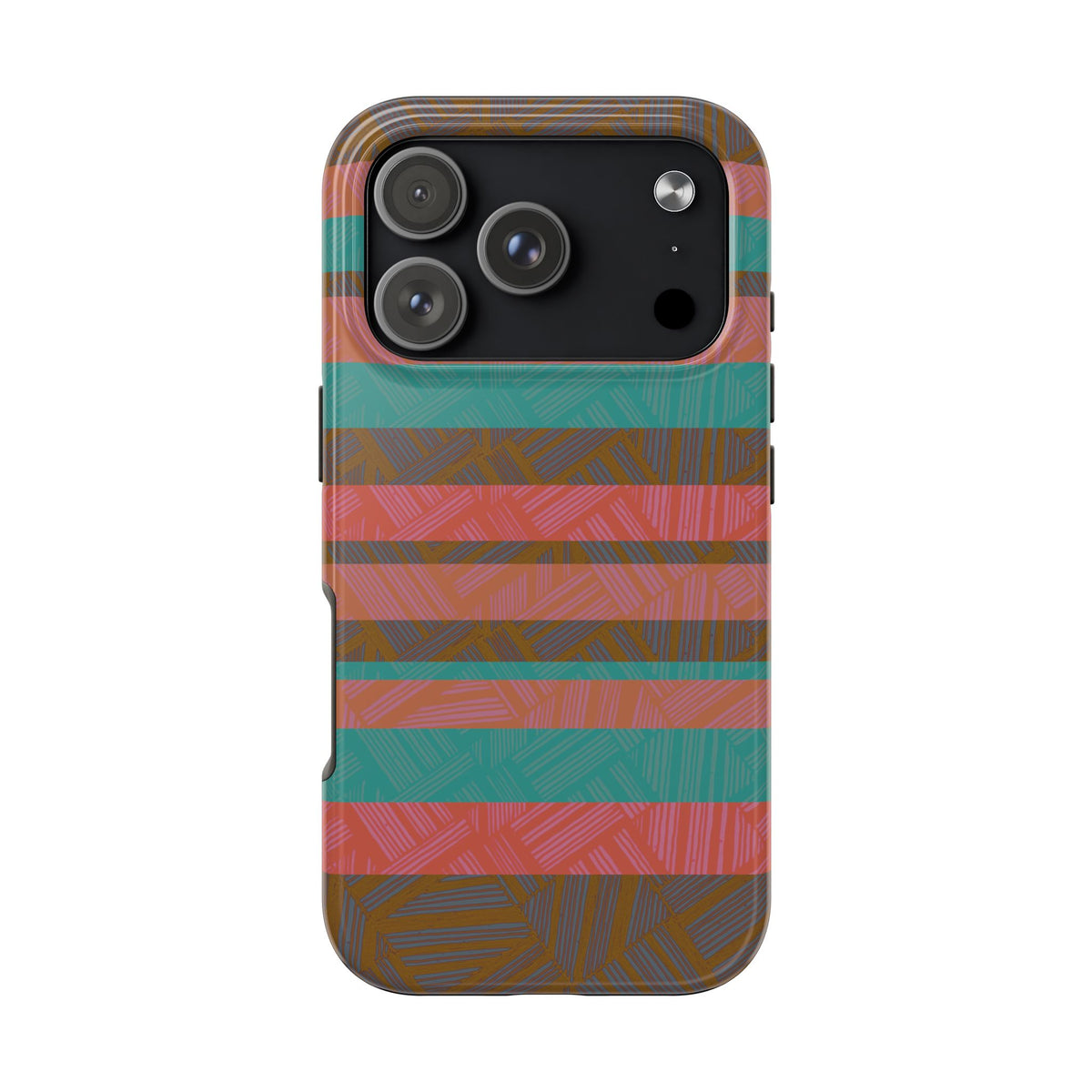 Striped Tribal Tough Phone Case — Retro Teal & Coral Protective Cover with a large triple-camera opening on a fractyl shockproof iphone 17 pro case