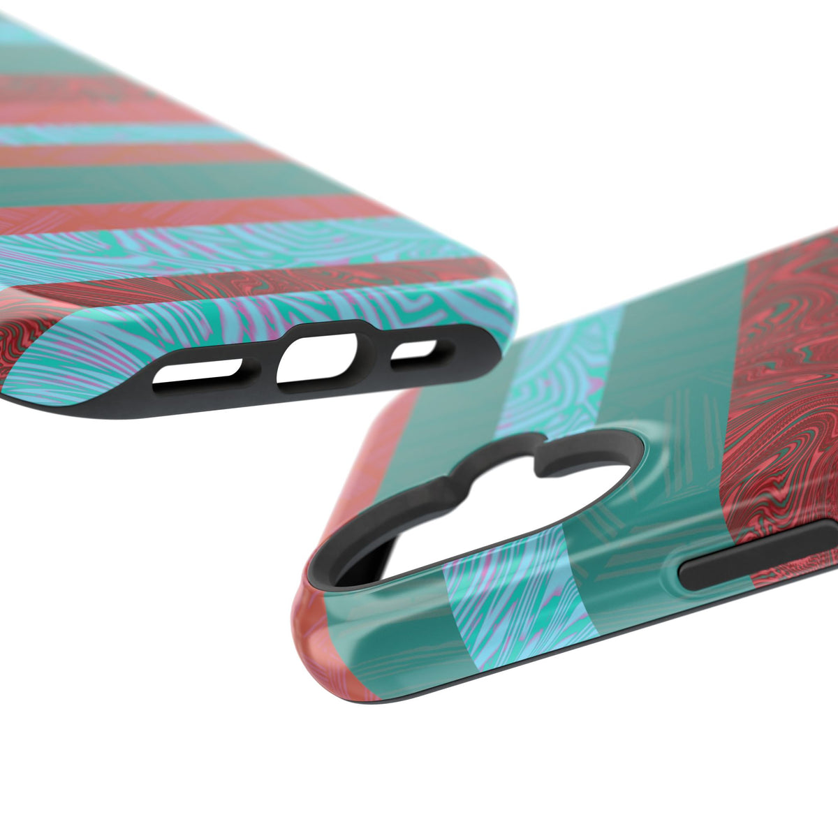 Striped Teal & Coral Magnetic Impact Phone Case bottom edge detail with precise cutouts, Fractyl magsafe compatible iphone 18 pro max case