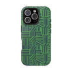 Green Magnetic Phone Case — 2-Layer Geometric MagSafe-Compatible Impact-Resistant Cover, green magnetic phone case- price match with CASETiFY and Casely, close-up of camera protection and print detail.