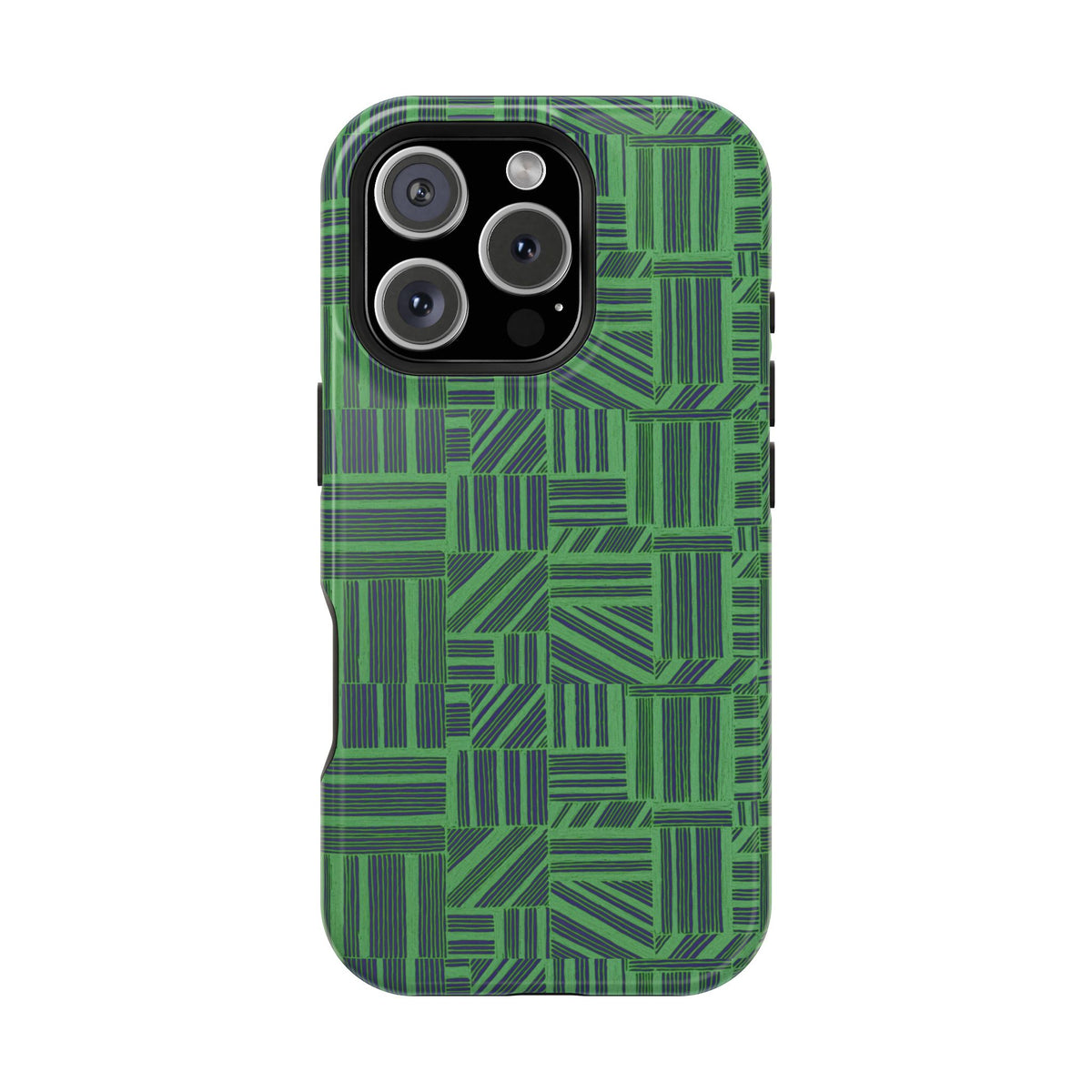 Green Magnetic Phone Case — 2-Layer Geometric MagSafe-Compatible Impact-Resistant Cover, green magnetic phone case- price match with CASETiFY and Casely, close-up of camera protection and print detail.