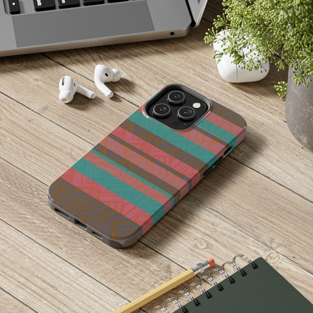 Striped Tribal Tough Phone Case — Retro Teal & Coral Protective Cover with slim edges and precise port openings on a fractyl shockproof iphone 17 pro case