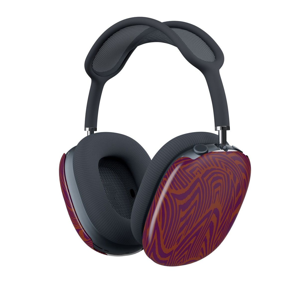 AirPods Max showcased with distinctive purple and orange woodgrain shell coverings. Make a statement with these vintage style earcup shells by Printify.