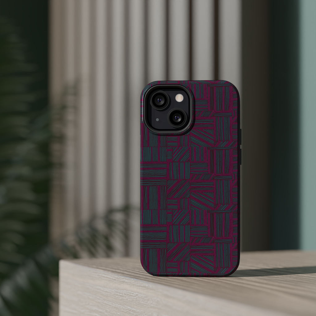 Slim Protective Phone Case With MagSafe, Dual-Layer Impact Protection, Plum Geometric Design, lifestyle render with a dual-camera phone against a dark blue geometric background; slim protective iphone 16 promax  case.