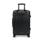 Geometric Plum Carry-On Suitcase – Stylish Patterned Rolling Luggage, back view of an expandable carry on suitcase with textured black ABS shell, sturdy handle, and double swivel wheels.