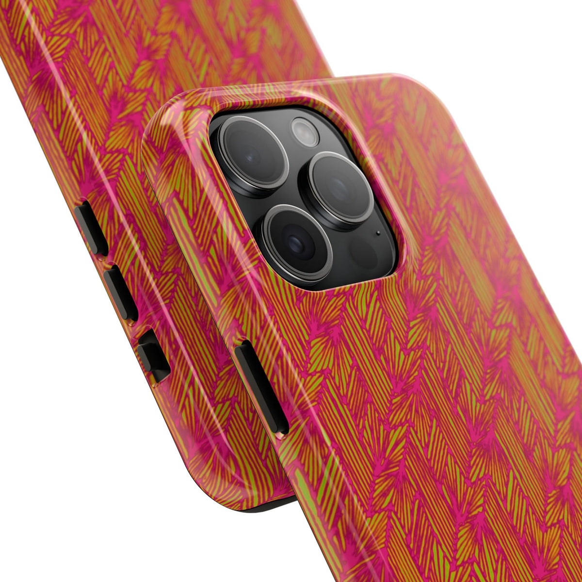 Tough Phone Case — Vibrant Tropical Herringbone Pattern, impact resistant iphone 17 case exploded view with glossy printed back shell