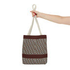 Geometric Retro Stripe Tote Bag – Vintage Brown Patterned AOP Tote held by hand with cream handles, large everyday cotton tote