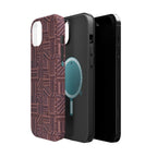 MagSafe Impact Resistant Phone Case - Geometric Brown Pattern, Dual-Layer Protection, exploded view with camera opening; impact resistant iphone 17 pro max case
