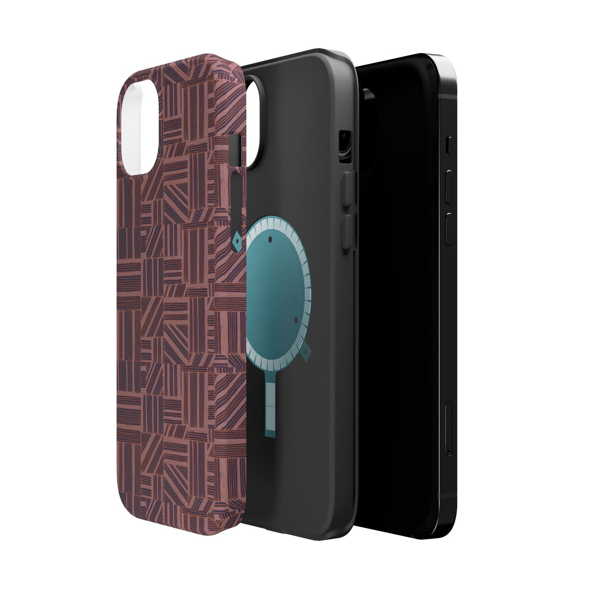 MagSafe Impact Resistant Phone Case - Geometric Brown Pattern, Dual-Layer Protection, exploded view with camera opening; impact resistant iphone 17 pro max case