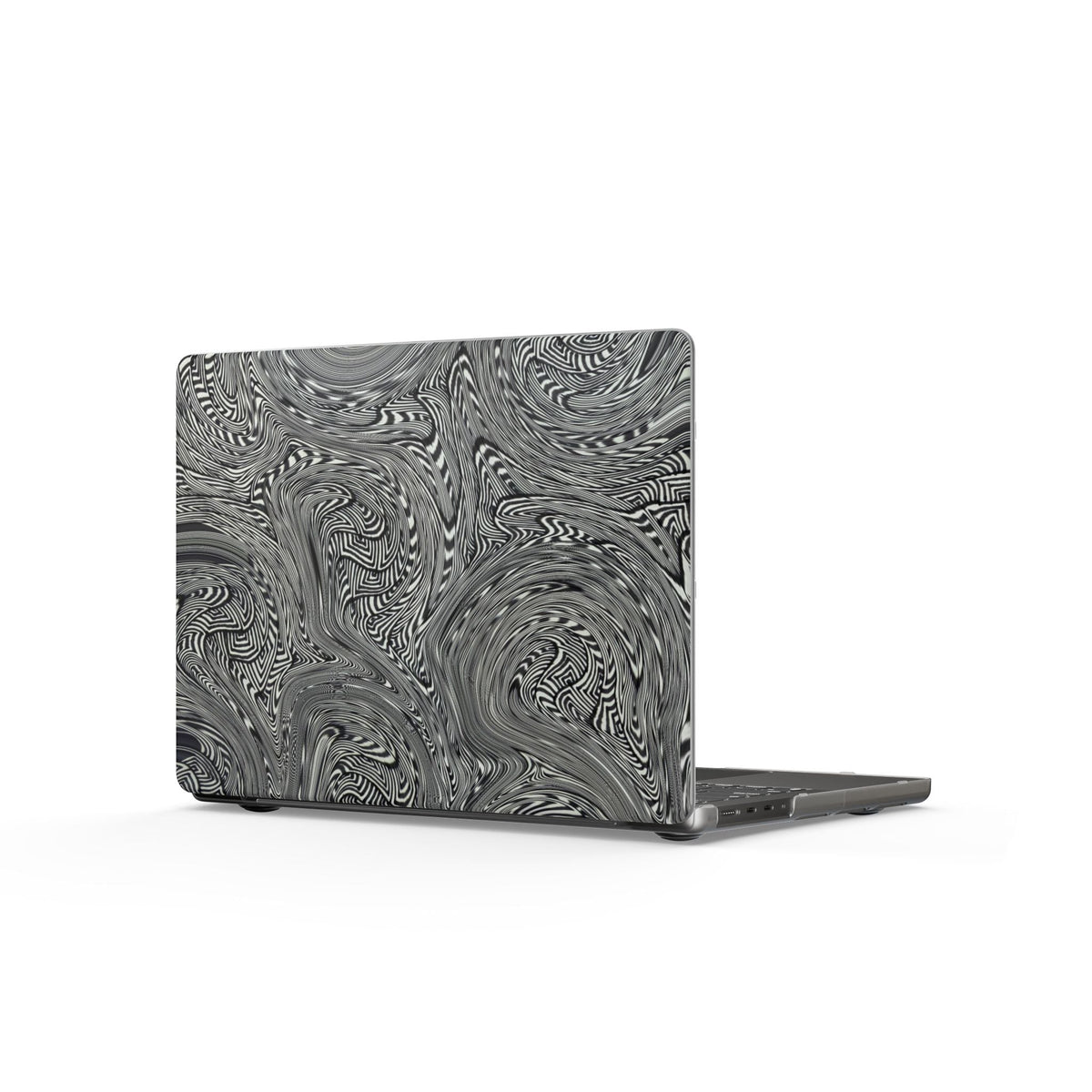 Gray Marble Swirl MacBook Case — Matte Abstract Laptop Cover highlighting an intricate swirling design in gray and black, representing a sophisticated matte laptop cover for modern users.