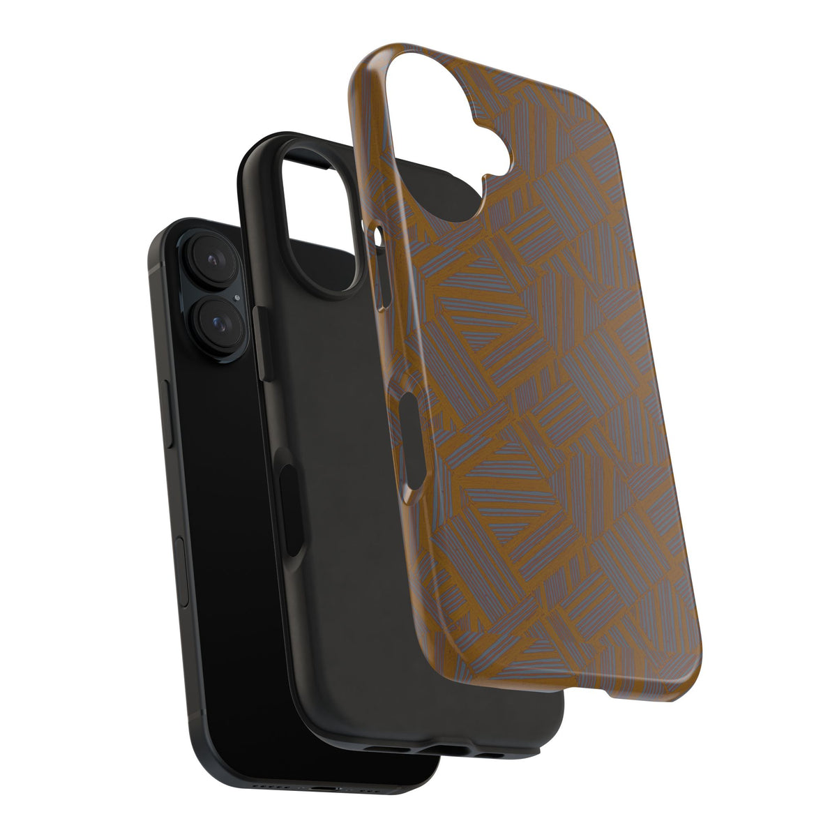 Tough Phone Case — Geometric Maze Brown Protective Cover, wireless charging iphone 18 pro max case highlighting side-button access and raised camera protection.