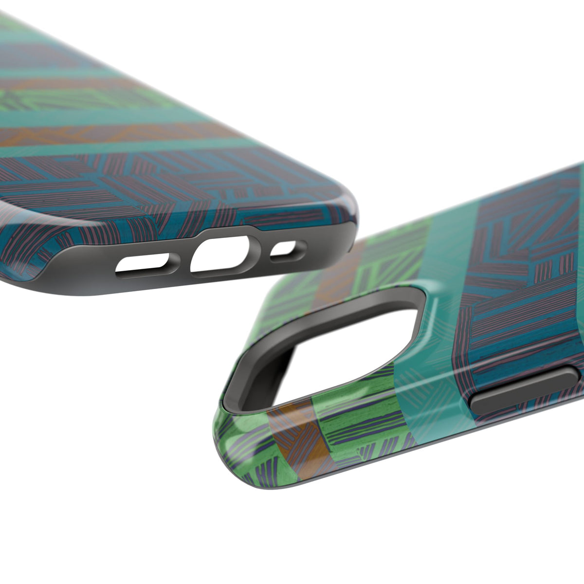 Green Geometric Stripe Phone Case — Impact-Resistant, wireless charging iphone 16 pro max case presented in a premium blue abstract product scene.
