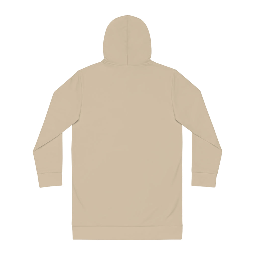 Bohemian Stripe Hoodie Dress — Cozy Beige AOP Pullover for Fall, back view of a cozy pullover dress in solid beige with a hood, long sleeves, and relaxed fit