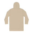 Bohemian Stripe Hoodie Dress — Cozy Beige AOP Pullover for Fall, back view of a cozy pullover dress in solid beige with a hood, long sleeves, and relaxed fit