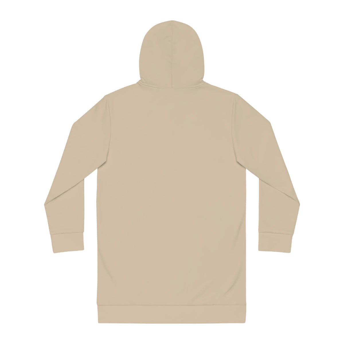 Bohemian Stripe Hoodie Dress — Cozy Beige AOP Pullover for Fall, back view of a cozy pullover dress in solid beige with a hood, long sleeves, and relaxed fit