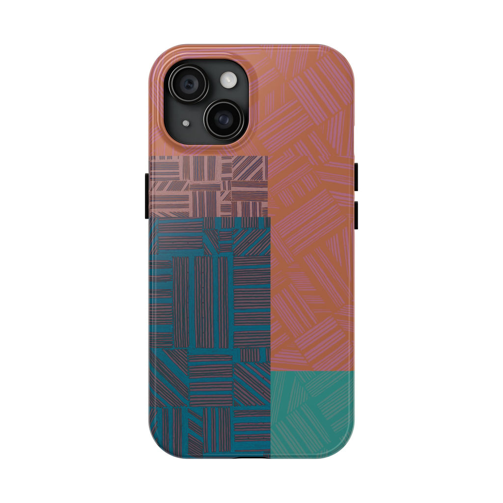 Abstract Geometric Tough Phone Case — Retro Block Pattern, retro iphone 18 pro max case with glossy finish and protective raised camera surround.