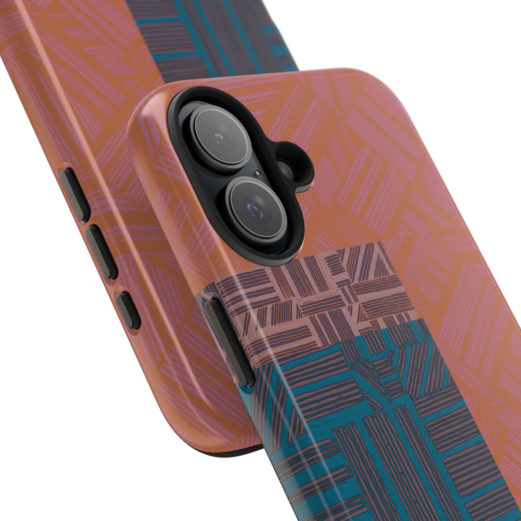 Abstract Geometric Tough Phone Case — Retro Block Pattern, retro iphone 18 pro max case featuring an artistic terracotta, teal, and blue retro block pattern.