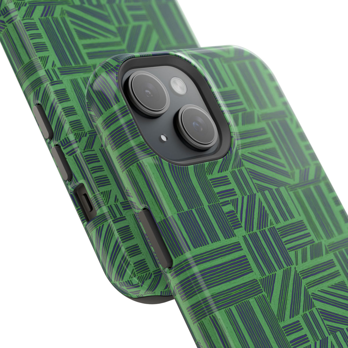 Green Magnetic Phone Case — 2-Layer Geometric MagSafe-Compatible Impact-Resistant Cover, green magnetic phone case- price match with CASETiFY and Casely, detached patterned case with precise camera cutout.