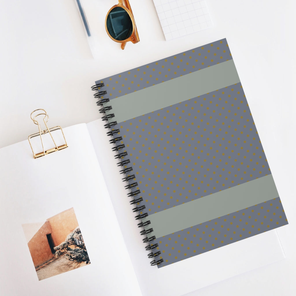 Grey Polka Dot Spiral Notebook displayed stylishly on a desk – a compact writing notebook presenting its sophisticated design with a dot pattern. This lined and minimal notebook is an ideal everyday journal or small notebook, making it a thoughtful gift for students.