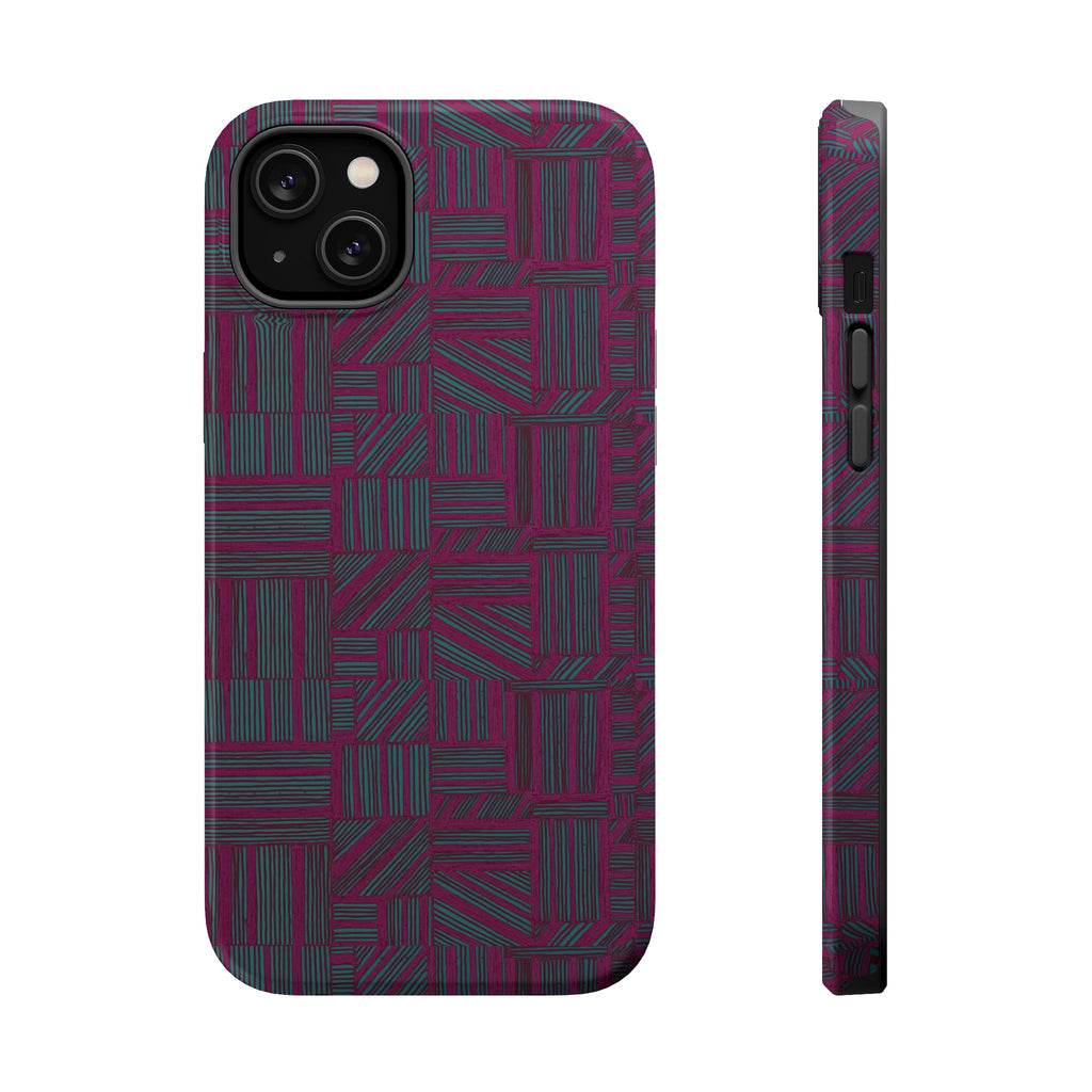 Slim Protective Phone Case With MagSafe, Dual-Layer Impact Protection, Plum Geometric Design, shown with a compact dual-camera cutout and side controls; slim protective iphone 16 promax  case.