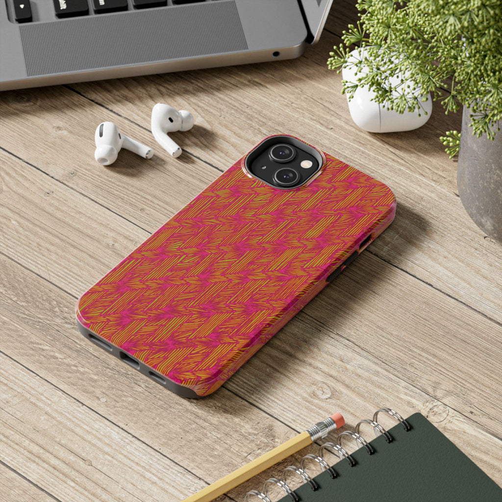 Tough Phone Case — Vibrant Tropical Herringbone Pattern, impact resistant iphone 17 case with slim protective sidewall profile