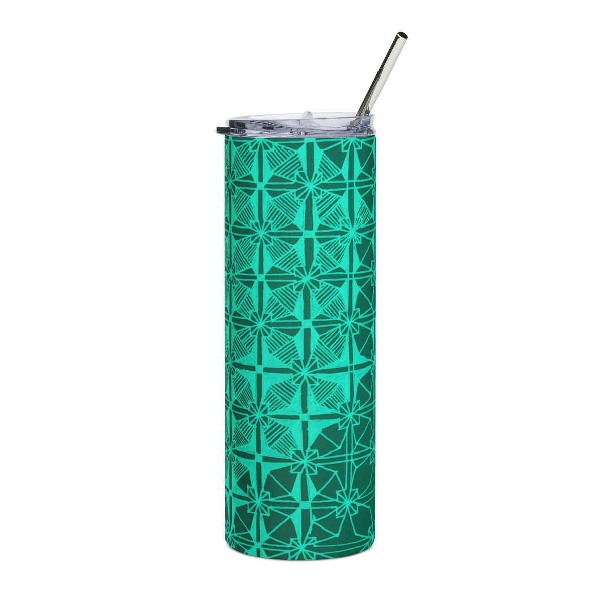20 Oz Emerald Geometric Stainless Steel Tumbler with Reusable Metal Straw, detailed view of the modern geometric artwork on a reusable 20 oz stainless tumbler