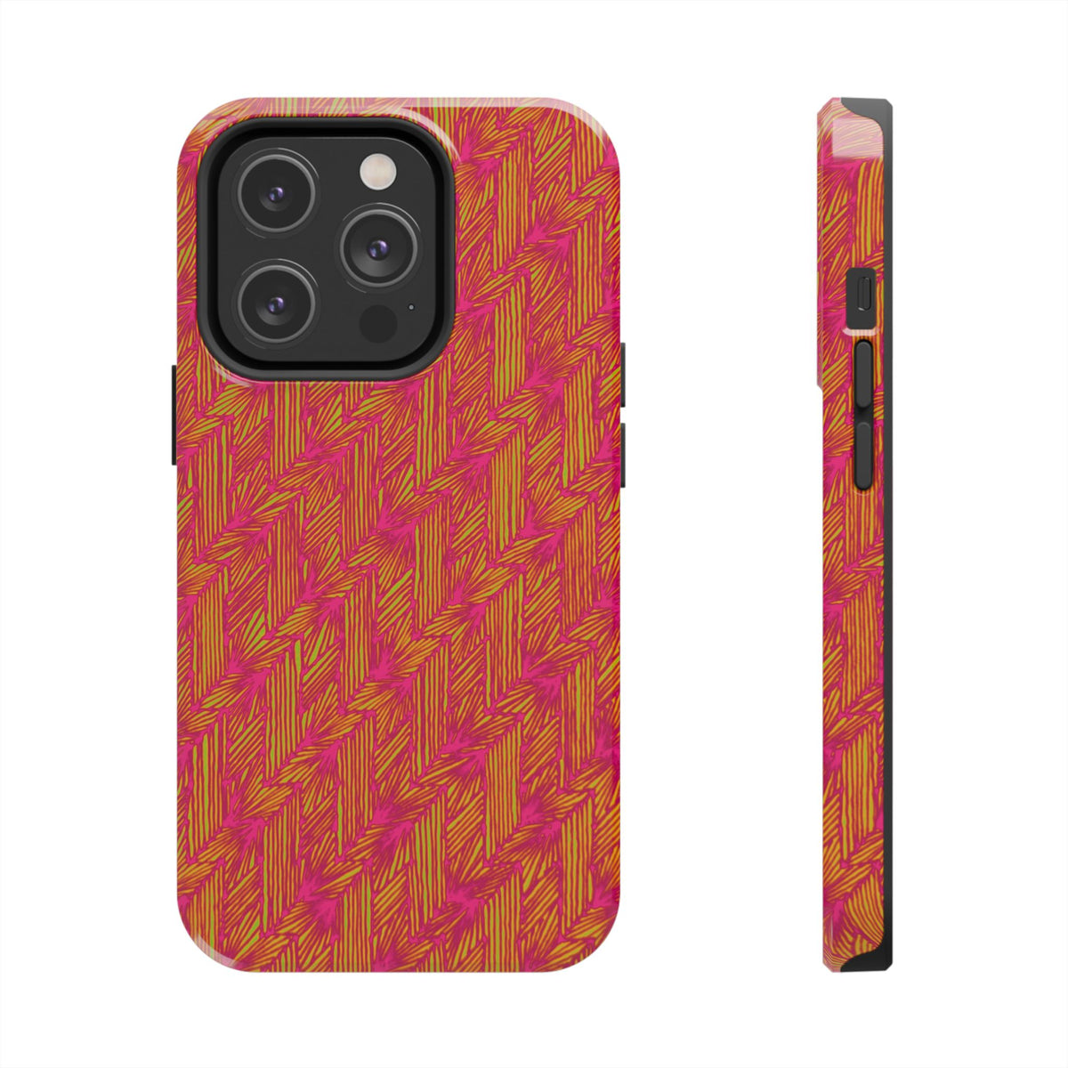 Tough Phone Case — Vibrant Tropical Herringbone Pattern, impact resistant iphone 17 case styled on a workspace beside a notebook