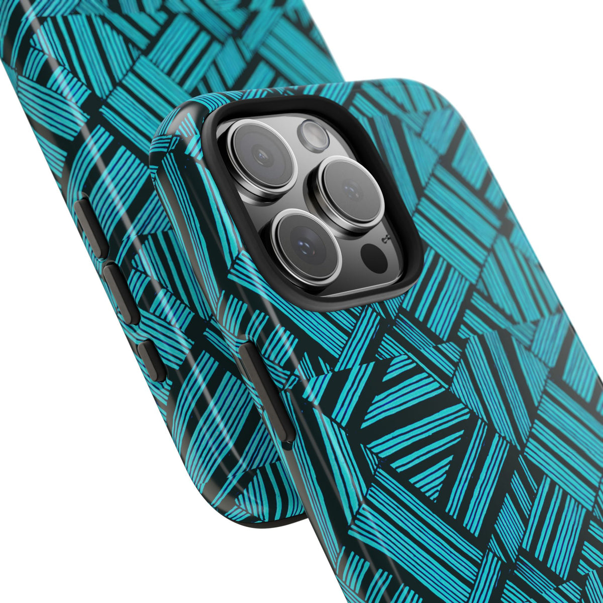 Teal Geometric Tough Phone Case — Durable Protective Phone Case with Modern Stripe Pattern, protective two-piece shockproof iphone 18 pro max case shown with smartphone