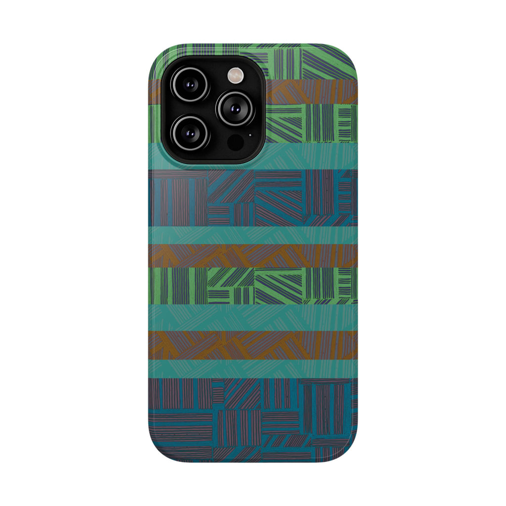 Green Geometric Stripe Phone Case — Impact-Resistant, wireless charging iphone 16 pro max case rear product photo with deep teal and forest green pattern.
