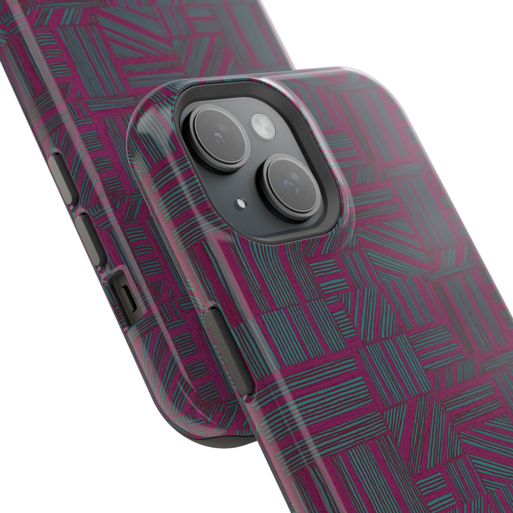 Slim Protective Phone Case With MagSafe, Dual-Layer Impact Protection, Plum Geometric Design, floating shell shown beside the inner protective liner and smartphone; slim protective iphone 16 promax  case.