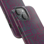 Slim Protective Phone Case With MagSafe, Dual-Layer Impact Protection, Plum Geometric Design, floating shell shown beside the inner protective liner and smartphone; slim protective iphone 16 promax  case.
