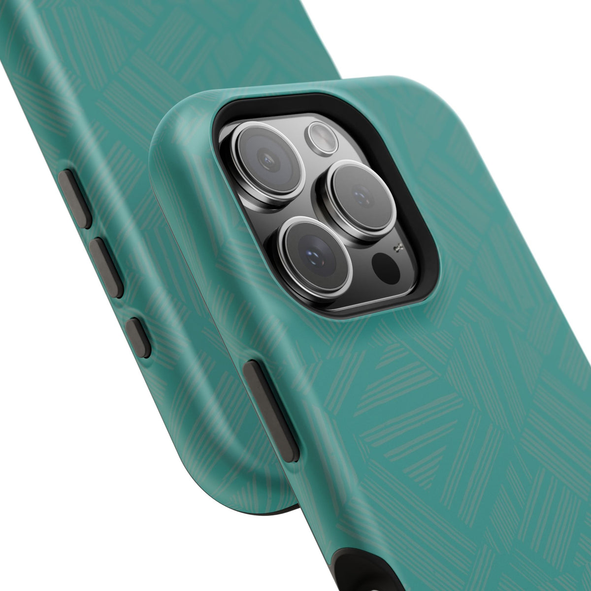 Magnetic Impact-Resistant Phone Case — Teal Geometric Protective Cover, magnetic iphone 18 pro case angled rear view with geometric pattern
