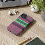 Fractyl glossy protective iphone 18 pro max case, Geometric Stripes Tough Phone Case — Purple & Teal Tribal Pattern, stylish protective phone case in lifestyle setting