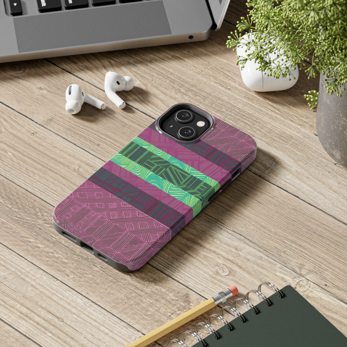 Fractyl glossy protective iphone 18 pro max case, Geometric Stripes Tough Phone Case — Purple & Teal Tribal Pattern, stylish protective phone case in lifestyle setting