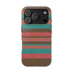 Striped Tribal Tough Phone Case — Retro Teal & Coral Protective Cover showing the protective camera opening and textured tribal print of a fractyl shockproof iphone 17 pro case
