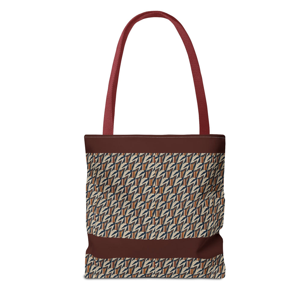 Geometric Retro Stripe Tote Bag – Vintage Brown Patterned AOP Tote with burgundy handles, large everyday cotton tote for a vintage-inspired look